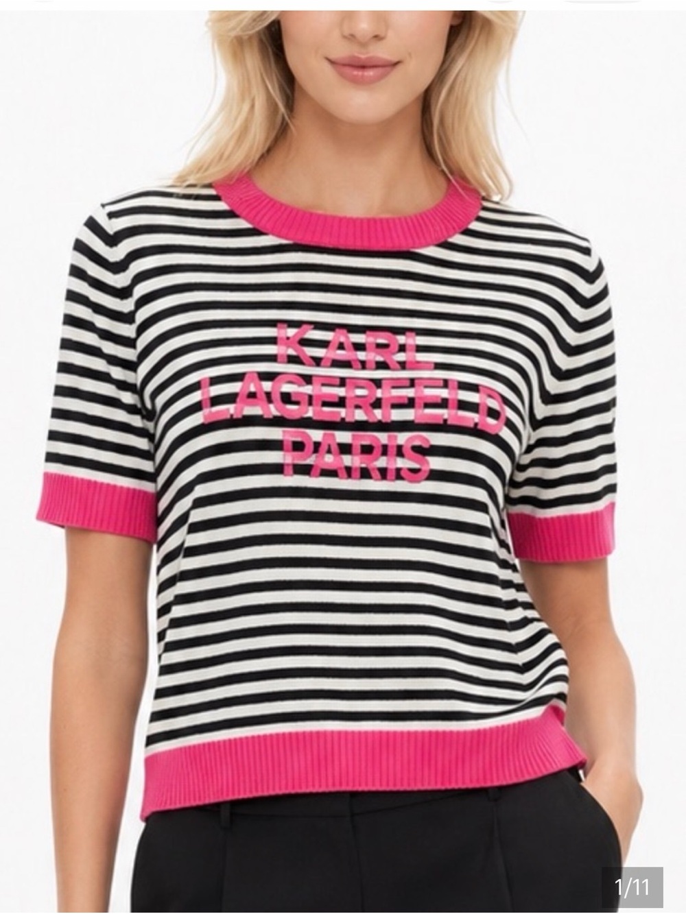 Karl Lagerfeld Black & White Striped Short-Sleeve Top with Pink Trim size large